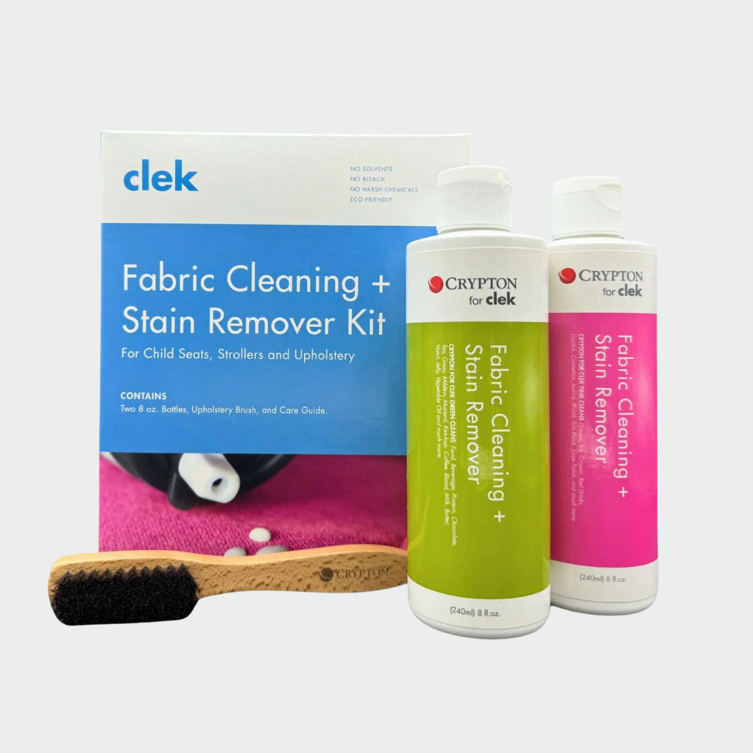 Clek fabric cleaning and stain remover kit with two bottles, a brush, and packaging on a white background.